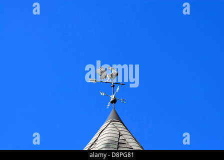 Gallo veleta con puntos cardinales y flecha en el azul claro del cielo. Foto de stock