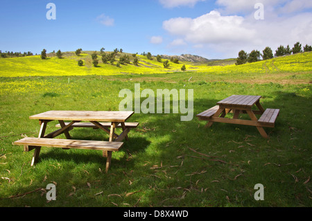Dos mesas de picnic vacía en un hermoso paisaje rural en primavera Foto de stock