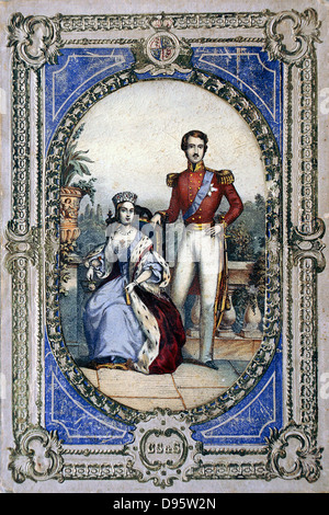 La reina Victoria (1819-1900), coronado el 28 de junio de 1838. Aquí se muestra con el Príncipe Alberto como una joven pareja de casados ambos vistiendo la cinta azul de la orden de la Liga. Litografía coloreada. Foto de stock