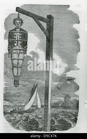 El capitán William Kidd (C1645-1701) marinero escocés, corsario y pirata. Culpables de la piratería y el asesinato, fue ahorcado en ejecución Dock, Wapping, Londres, 23 de mayo de 1871. Su cuerpo fue colgado en la horca como una advertencia a otros. Foto de stock