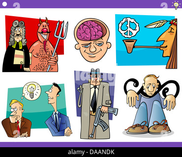 Ilustración de historieta humorística conceptos o ideas y metáforas con divertidos personajes