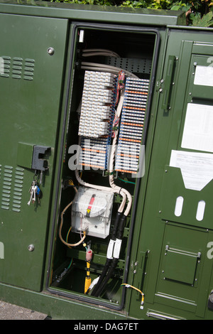 Una carretera de fibra óptica de BT y teléfono gabinete con una puerta abierta, revelando las conexiones de cable Foto de stock