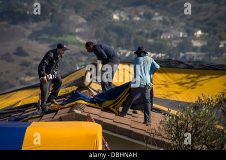 Los obreros hispanos en Laguna Niguel, CA, cubrir una casa con una carpa gasproof previo a la fumigación Foto de stock