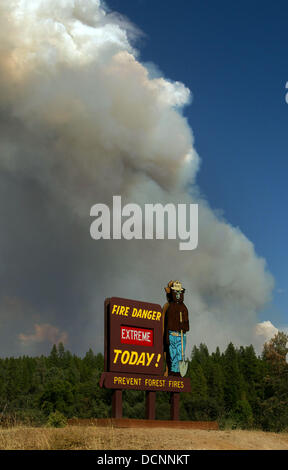 Buck Meadows, CA, EE.UU. 20 Aug, 2013. El Smokey Bear fue serio diciendo que el peligro de incendio era extrema hoy 20 de agosto de 2013 en el aro fuego quema detrás de él y de su signo. El Aro de Fuego en el Bosque Nacional de Stanislaus junto a la autopista 120 ha crecido a más de 10,000 acres a partir del 20 de agosto de 2013 sin contención. Durante los últimos tres días de incendios activos se mueven hacia arriba en ambos lados de la mandíbula Ridge, y el Río Tuolumne. Según el sitio web del Servicio Forestal de los Estados Unidos se han perdido 2 viviendas y 5 Dependencias de crédito: Marty Bicek/ZUMAPRESS.com/Alamy Live News Foto de stock