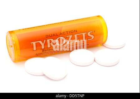 (Tyrothricin Tyrozets benzocaína) comprimidos anestésicos antibióticos para las infecciones medicina & irritaciones en la boca y garganta Foto de stock