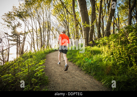 Un joven corriendo en un sendero a través del bosque en Discovery Park, Seattle, Washington, Estados Unidos. Foto de stock
