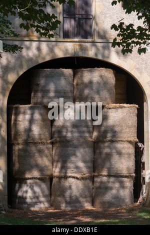 Los fardos de heno apilados en el granero, Arthel, Borgoña (Bourgogne), Francia