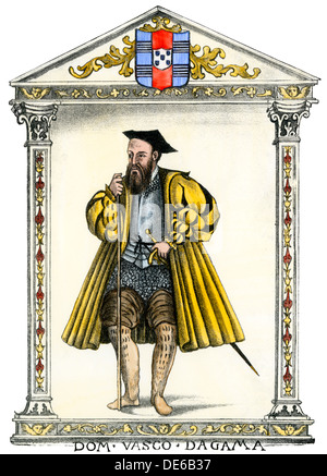 Navegante portugués Vasco da Gama, retrato completo. Xilografía coloreada a mano Foto de stock