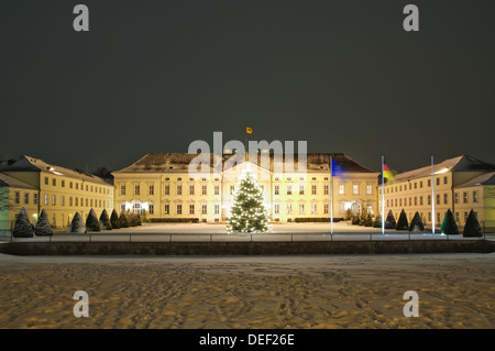 Schloss Bellevue en Berlín en invierno por la noche con el hermoso árbol de navidad Foto de stock