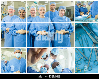 Montaje de equipo quirúrgico interracial doctores hombres mujeres cirujanos en el quirófano del hospital vistiendo scrubs realizar cirugías Foto de stock