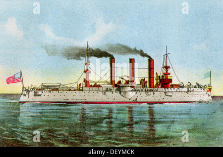 Crucero acorazado USS "Brooklyn" circa 1900. Litografía de color Foto de stock