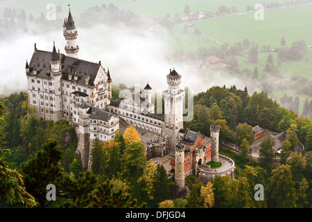El castillo de Neuschwanstein con neblina en los Alpes bávaros de Alemania.