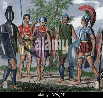 Edad Antigua. Etruria. Soldados y arqueros etrusco. Grabado en color. Siglo xix. Foto de stock