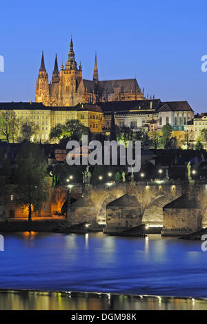 Vista del río Vltava, el Puente de Carlos, La Catedral de San Vito, en la noche, Sitio del Patrimonio Mundial de la UNESCO, Praga, Bohemia