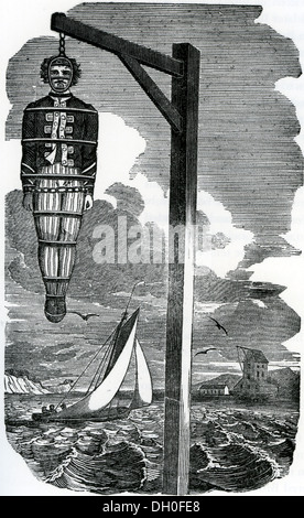 El capitán William Kidd (c 1645-1701) corsario escocés está colgado en cadenas sobre el Támesis en Tilbury punto después de su ejecución Foto de stock