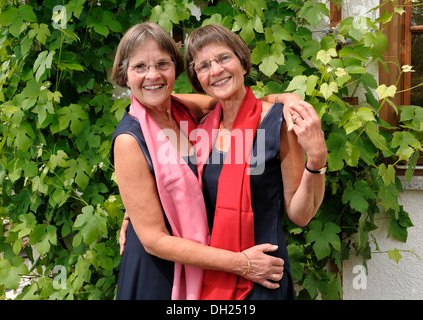 La lujuria de hermanas gemelas, vestidos igual en bufandas rojas, Retrato Foto de stock