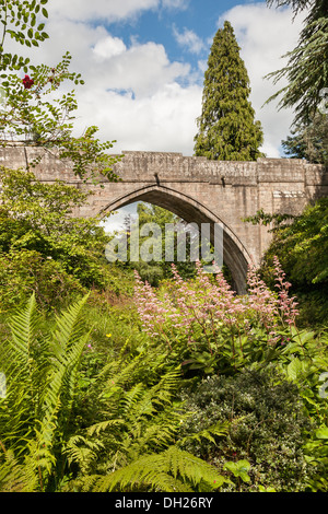 Puente en Kildrummy Castle Gardens en Aberdeenshire, Escocia Foto de stock