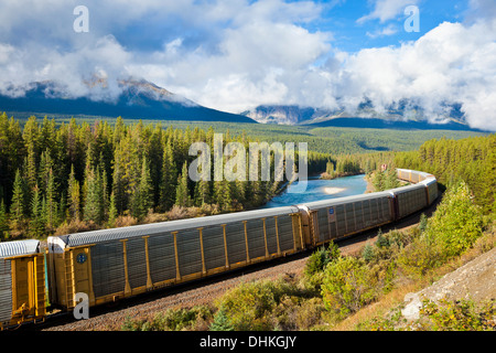 Canadian Pacific Railway tren de mercancías en Morant curva Rockies Parque Nacional de Banff Alberta Canada Canadian Rockies Foto de stock