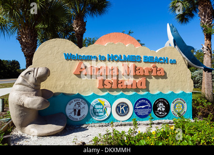 Bienvenido a Anna Maria Island firmar en Holmes Beach en la SR 64, Anna Maria Island, condado de Manatee, Gulf Coast, Florida, EE.UU. Foto de stock