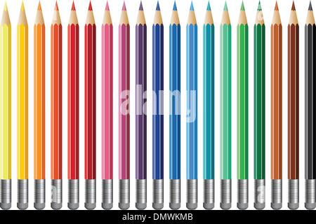 Juego de lápices de colores. cinco lápices con goma de borrar. estilo de  dibujos animados. ilustración vectorial sobre fondo blanco