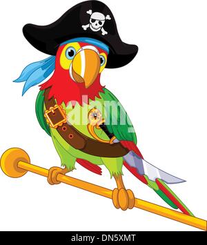 Un pirata personaje con un loro en el hombro y un cofre del tesoro  Fotografía de stock - Alamy