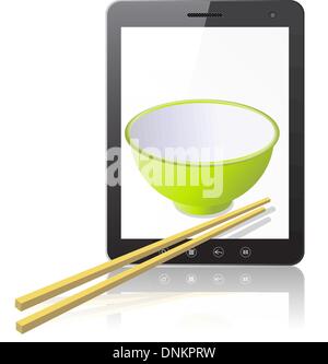 Tablet PC con taza de cerámica con palos de madera aislado sobre fondo blanco. Ilustración vectorial.