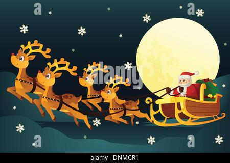 Una ilustración vectorial de Santa Claus cabalgando el trineo tirado por renos en medio de la noche de invierno Ilustración del Vector