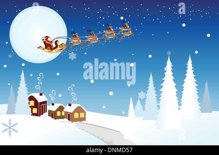 Ilustración vectorial de Santa Claus cabalgando el trineo tirado por renos en medio de la noche de invierno Ilustración del Vector