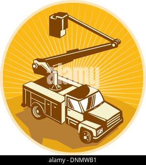 Ilustración de una grúa de acceso equipo selector de cereza cubo camión pick-up visto desde el ángulo alto hecho en estilo retro. Ilustración del Vector