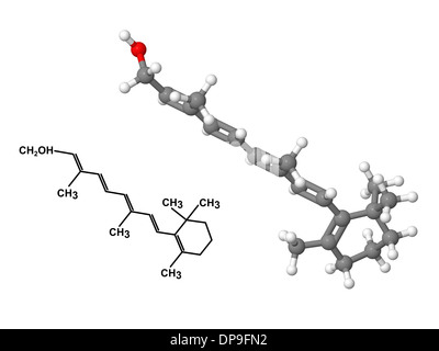 La vitamina A (retinol) molécula con fórmula química aislado sobre fondo blanco. Foto de stock