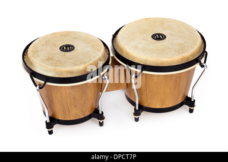 Par de 6 y 7 pulgadas de madera con tambores Bongo rawhide jefes por LP colección de música Foto de stock