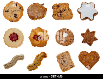 Collage de diversos tipos de galletas aislado sobre un fondo blanco. Foto de stock
