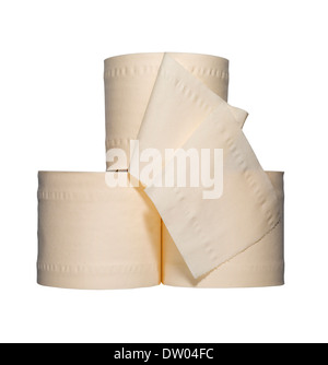 Tres rollos de papel higiénico recortadas sobre un fondo blanco. Foto de stock