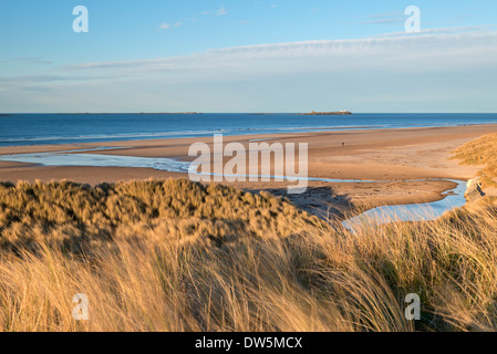 Ver a través de la hermosa playa de Bamburgh hacia las Islas Farne, Northumberland, Inglaterra. La primavera (abril) de 2013.