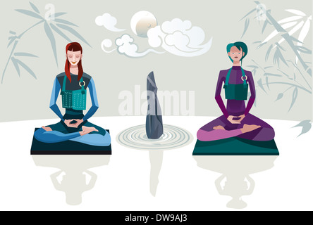 Dos mujeres sentadas en posición de loto con la suya, con las piernas cruzadas practicando la meditación zen. Foto de stock