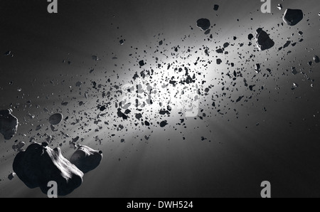 Dentro del cinturón de asteroides visto contra el sol en el espacio profundo Foto de stock
