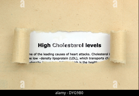 Los niveles altos de colesterol texto en papel el agujero Foto de stock