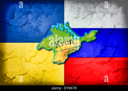Karte der Krim Vor den Fahnen von Ucrania und Russland, Krim-Krise Foto de stock