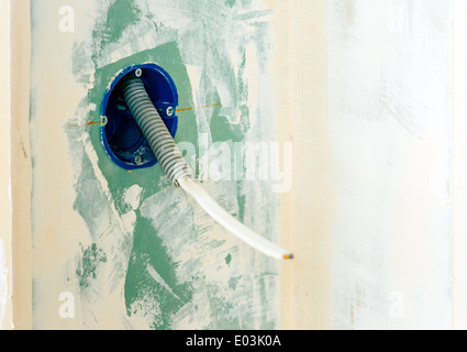 Enchufe hembra blanco y caja de interruptores en pared de yeso Fotografía  de stock - Alamy