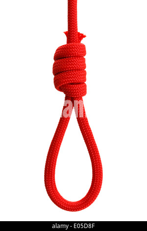 Lazo de cuerda roja aislado sobre fondo blanco.