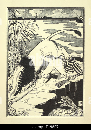 J. B. Clark ilustración de 'las sorprendentes aventuras del barón de Munchausen" por Rudoph Raspe publicada en 1895. Lion & Croc