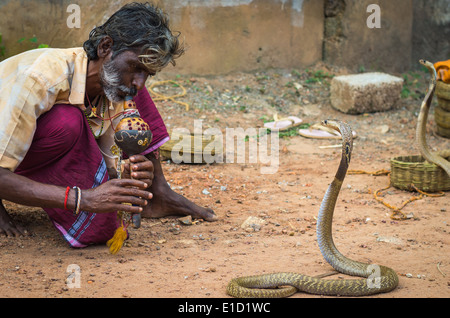 VARKALA, India - 9 de enero: encantador de serpientes encantador cobras en una calle de Varkala, India, 9 de enero de 2014. Foto de stock