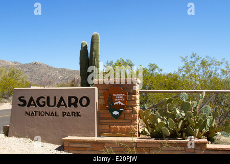 Señal de entrada para el Parque Nacional de Saguaro en Tucson, Arizona, con el icónico cacto saguaro