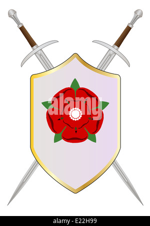 Una espada y un escudo con el emblema de rosas rojas Lancastrian Foto de stock