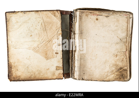 Abrir un libro antiguo con sucio páginas aisladas sobre fondo blanco. Foto de stock