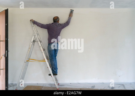 billetera Sastre Cancelar Hombre de pie sobre una escalera lijado del techo metálico de un raíl  carrage Fotografía de stock - Alamy
