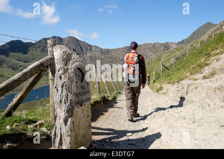 Walker por dirección signo en vía de Pyg Bwlch Moch y caminando hacia el monte Snowdon en montañas. Snowdonia al norte de Gales, Reino Unido Gran Bretaña Foto de stock