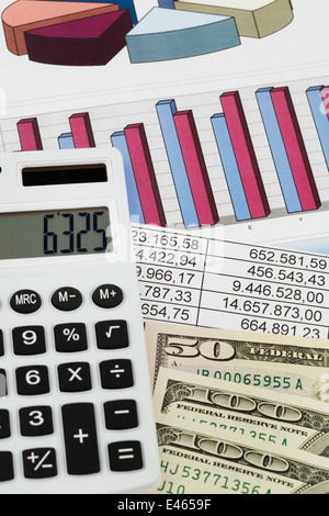 Una calculadora y diversas estadísticas al calcular el balance, los ingresos y los beneficios.