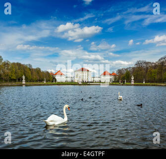 Swan en fuente en Grand Parterre (jardín barroco) y la vista trasera del Palacio de Nymphenburg. Munich, Baviera, Alemania Foto de stock