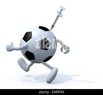 Balón de fútbol con los brazos y las piernas con una jeringa brocheta, el dopaje conceptos ilustración 3d Foto de stock